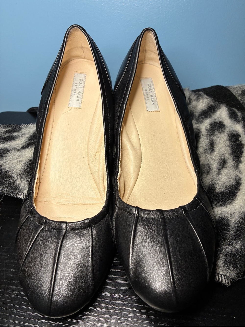 Cole Haan Black Leather Pleated Slip-On Flats